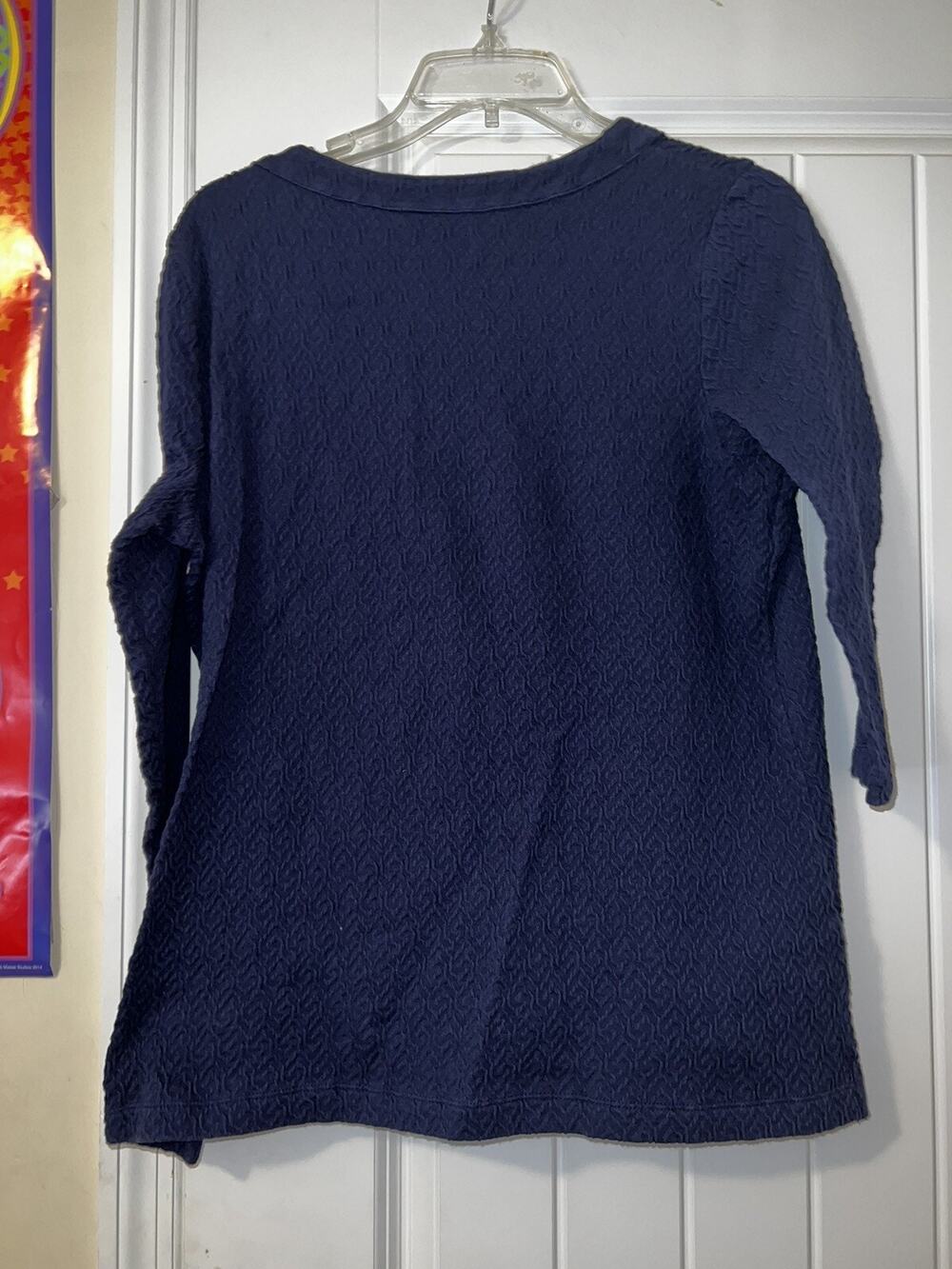 Kim Rogers navy 3/4 sleeve textured square blouse classy XL